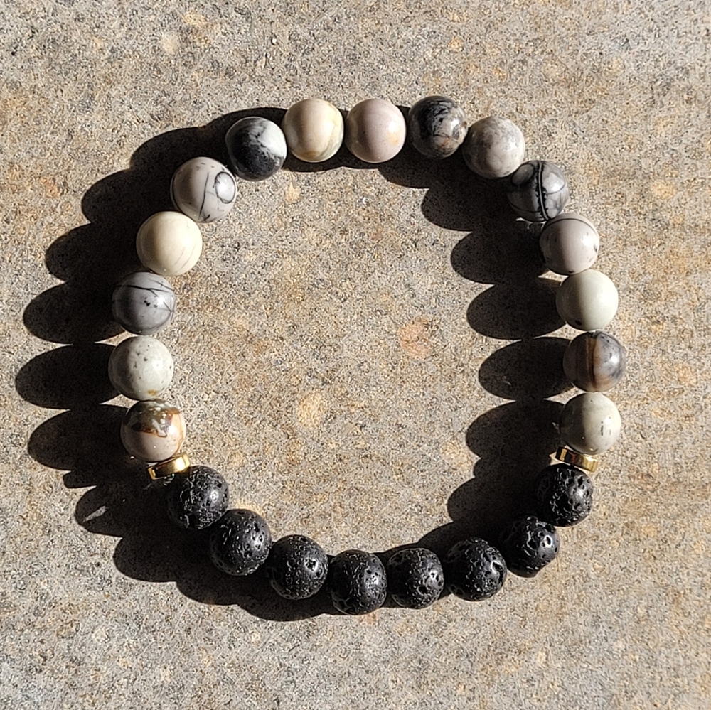 Black Picasso Jasper Stone & Lava Bead Bracelet